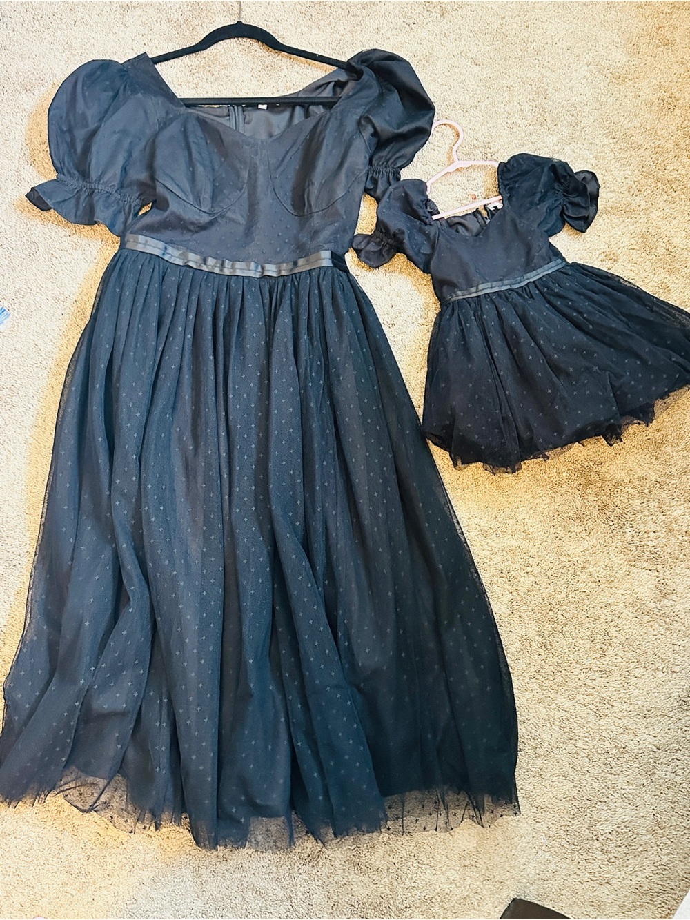 Ivy City Co Black Puff Sleeve Polka Dot Tulle Maxi Dress